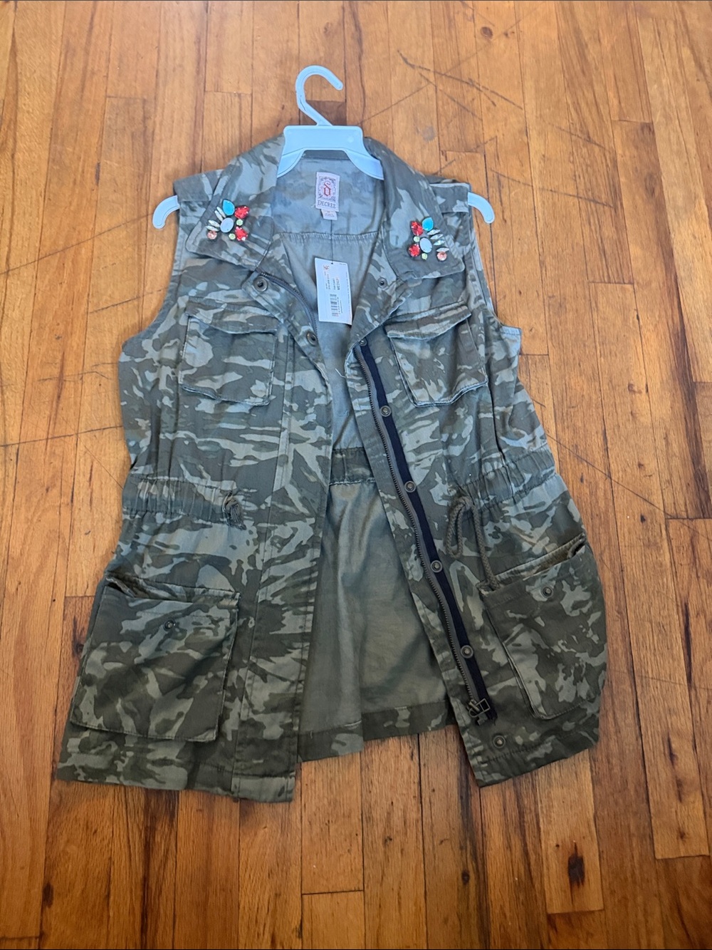 Decree Olive Green Camouflage Utility Vest with Embellished Collar